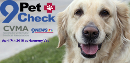 2018 9 pet check logo with a dog in the background for Harmony Vet Arvada